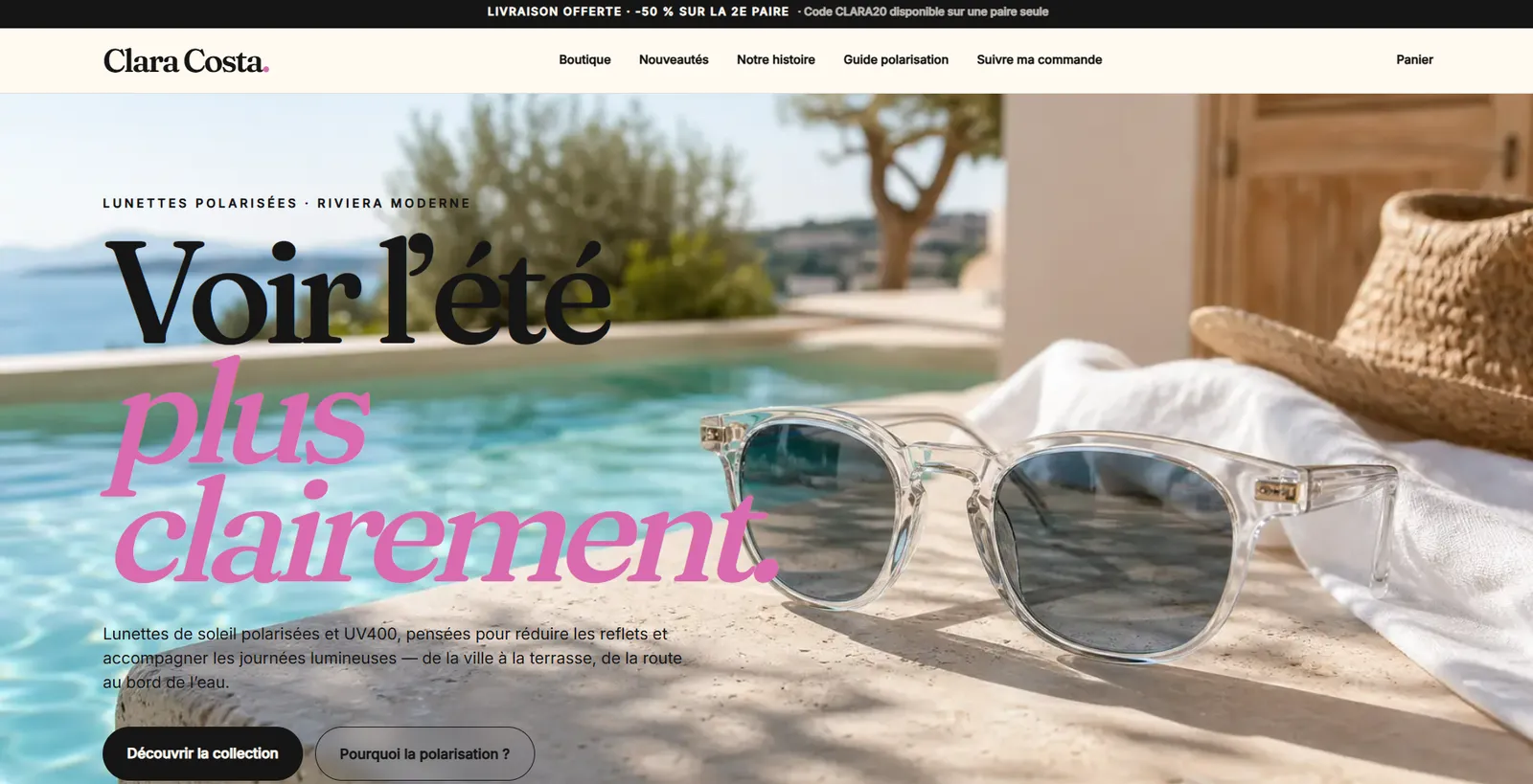 Page d’accueil de claracosta.store, ambiance Riviera lumineuse