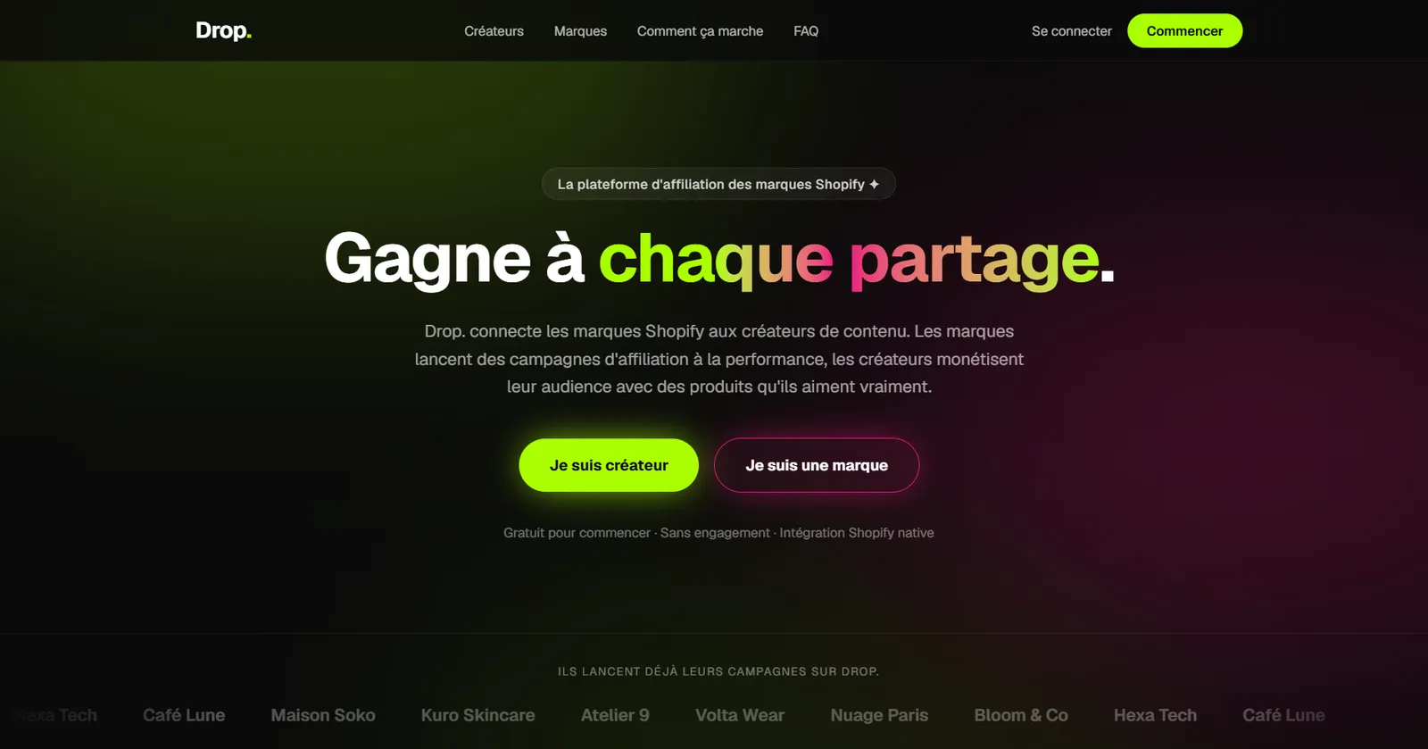Landing page de Drop : « Gagne à chaque partage » sur fond noir avec accents vert néon