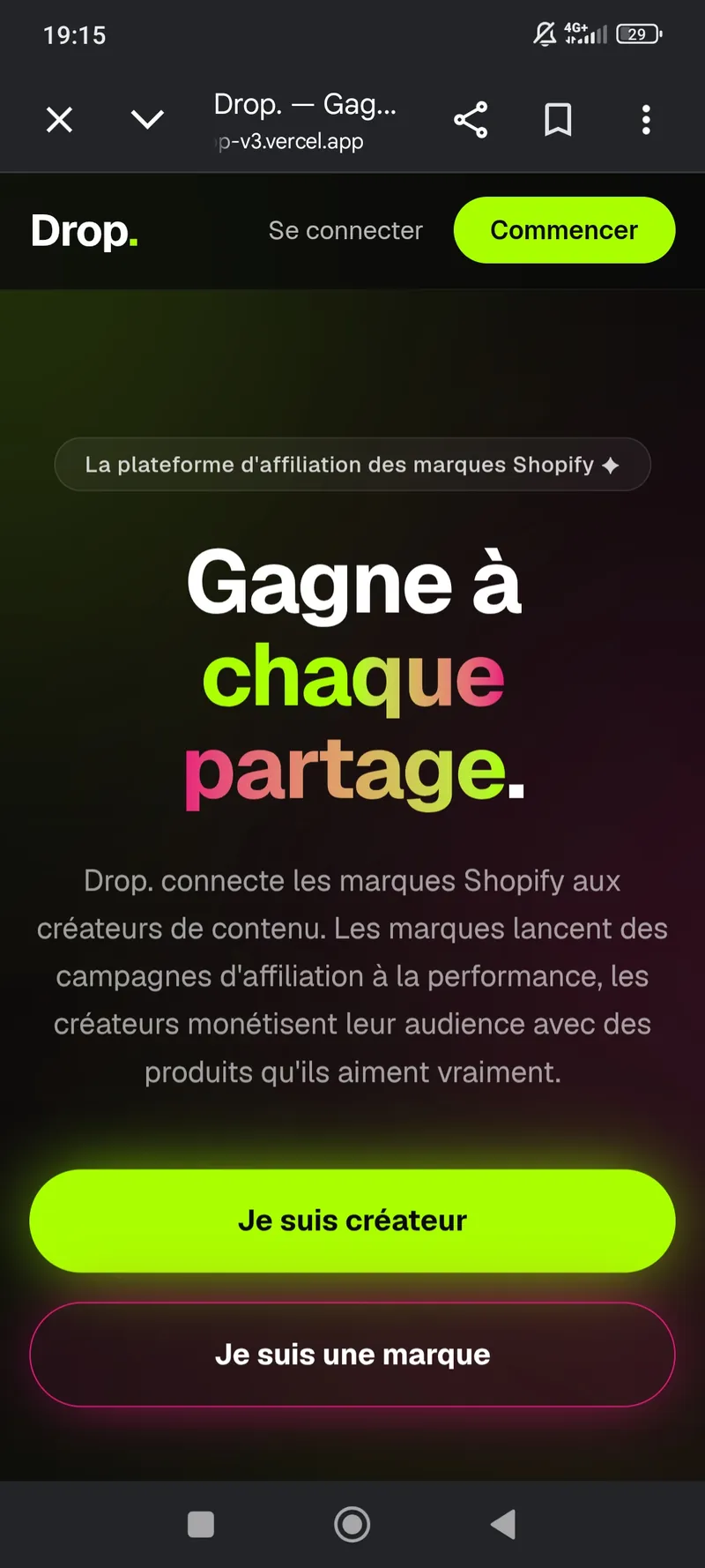 Version mobile de la landing page Drop