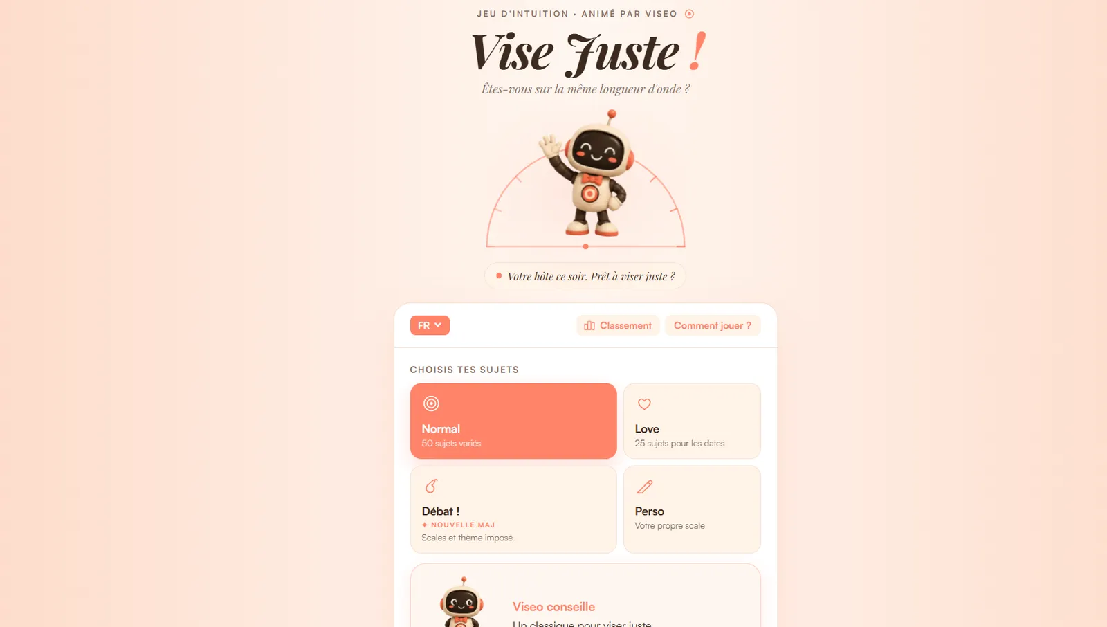 Page d’accueil de visejuste.app, ambiance crème et saumon avec le robot Viseo